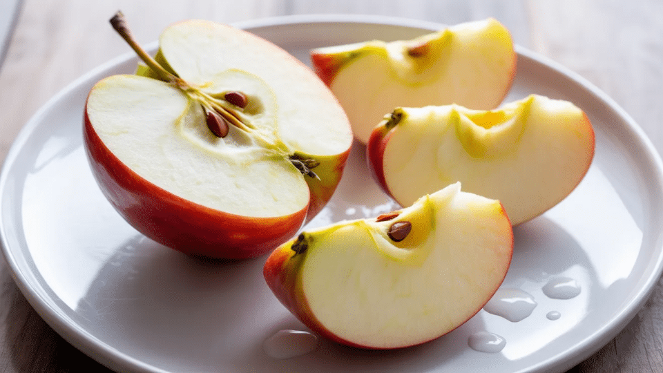 fresh red apple sliced in halves and wedges on a white plate, a low histamine fruit option for sensitive diets
