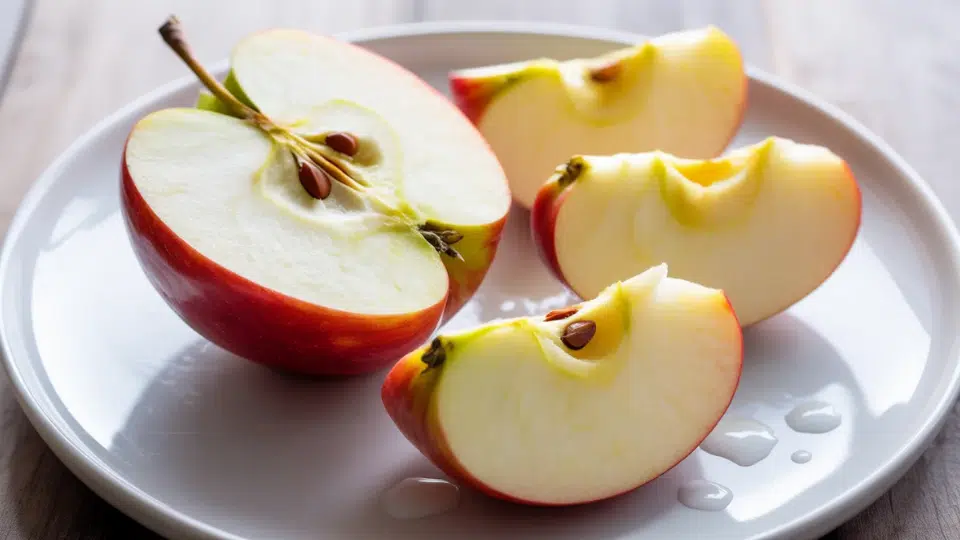 fresh red apple sliced in halves and wedges on a white plate, a low histamine fruit option for sensitive diets