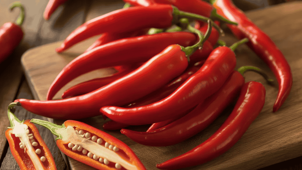 fresh red cayenne peppers on a wooden board, a spicy herb often used to support weight loss and boost metabolism