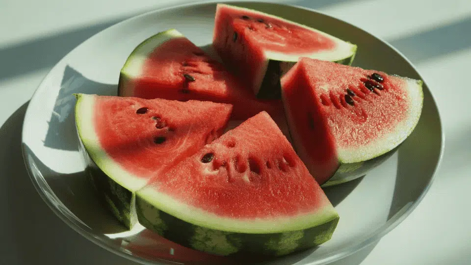 fresh watermelon slices on a plate, a low histamine fruit choice for sensitive diets