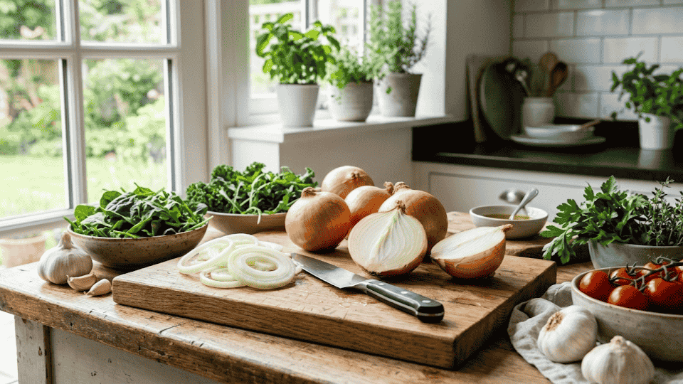 fresh yellow onions sliced on a wooden cutting board with leafy greens, garlic, and herbs in a bright home kitchen