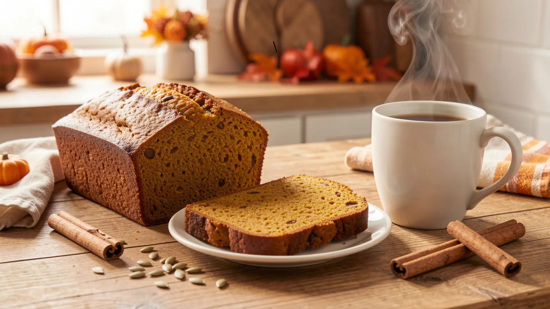 freshly baked loaf of pumpkin bread on a wooden kitchen counter, with slices cut and placed neatly on a plate next to a steaming mug of coffee or tea