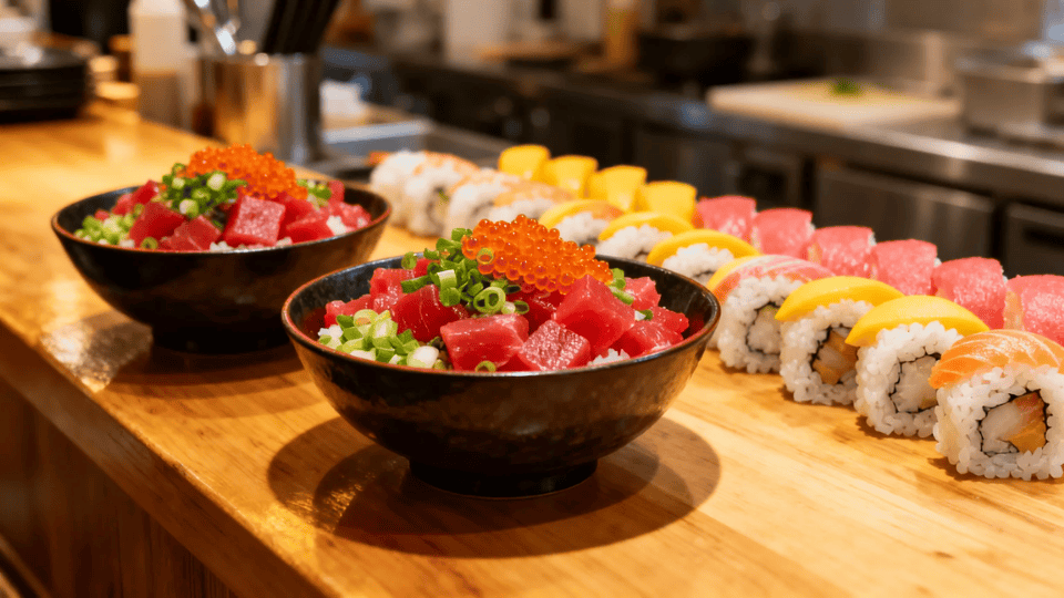 freshly prepared poke bowls and sushi rolls displayed on a restaurant counter under warm golden lights
