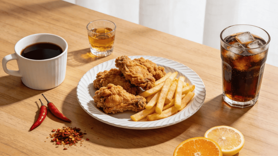 fried chicken, fries, coffee, soda, alcohol, chili peppers, and citrus fruits that may worsen stomach ulcers