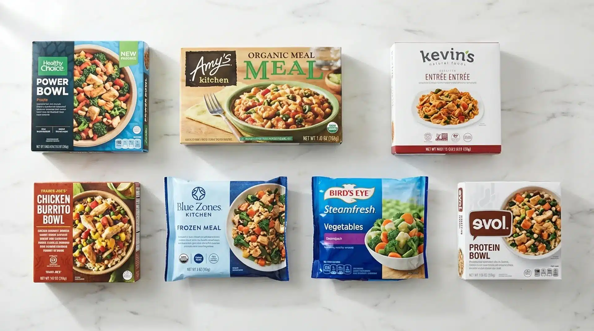 frozen meals including healthy choice, amy’s kitchen, kevin’s, trader joe’s, blue zones, bird’s eye, and evol products