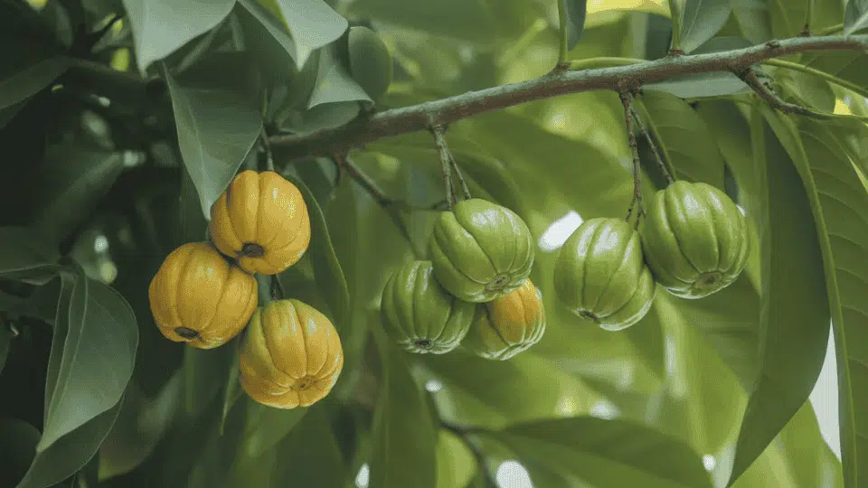 garcinia cambogia fruit growing on a tree, a tropical herb often used in weight loss supplements