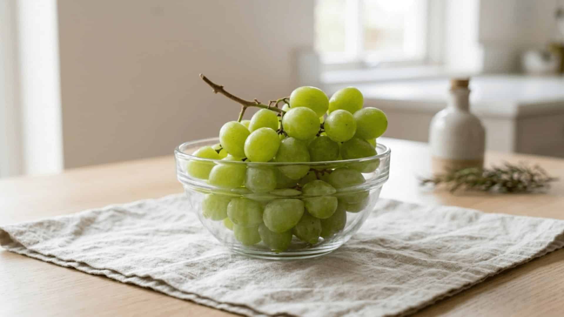 glass bowl of fresh green grapes set on a light linen cloth with soft diffused natural lighting