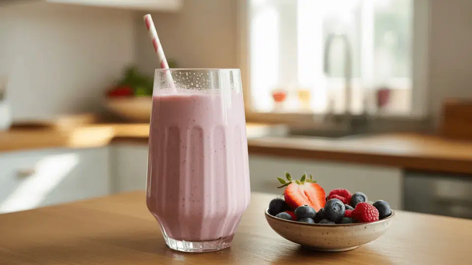 glass of creamy yogurt fruit smoothie with straw on a kitchen table, served beside a small bowl of fresh berries