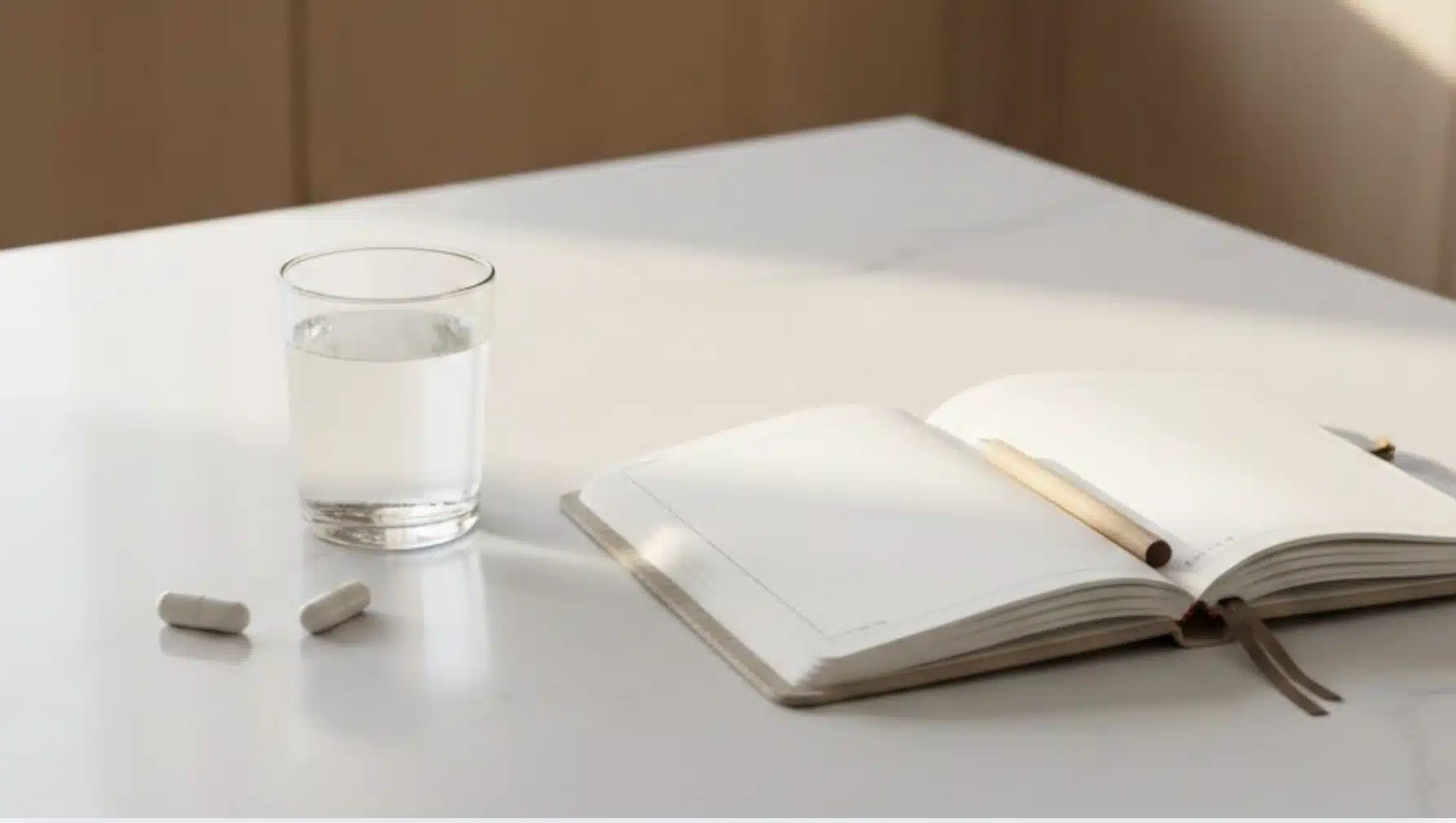 glass of water, two capsules, and open notebook with pencil on clean white desk in soft natural morning light