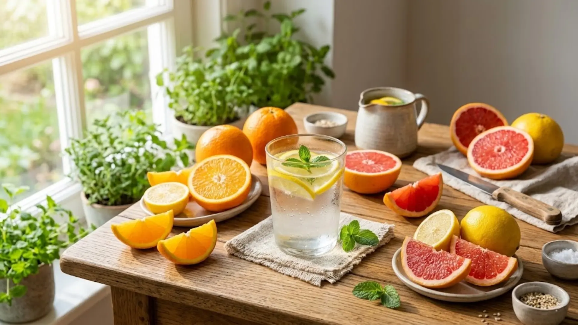 glass of water with mint and citrus fruits like oranges, lemons, grapefruit slices on a rustic wooden table by a window