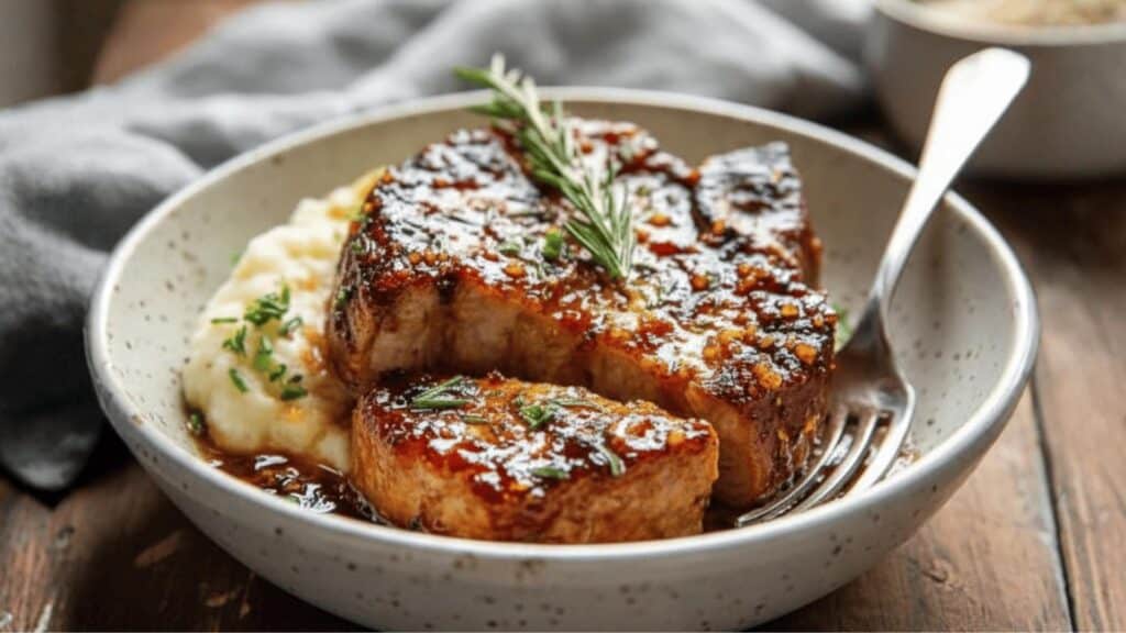 glazed pork chops with rosemary on mashed potatoes in ceramic bowl, fork on side, rustic wooden table setting with napkin