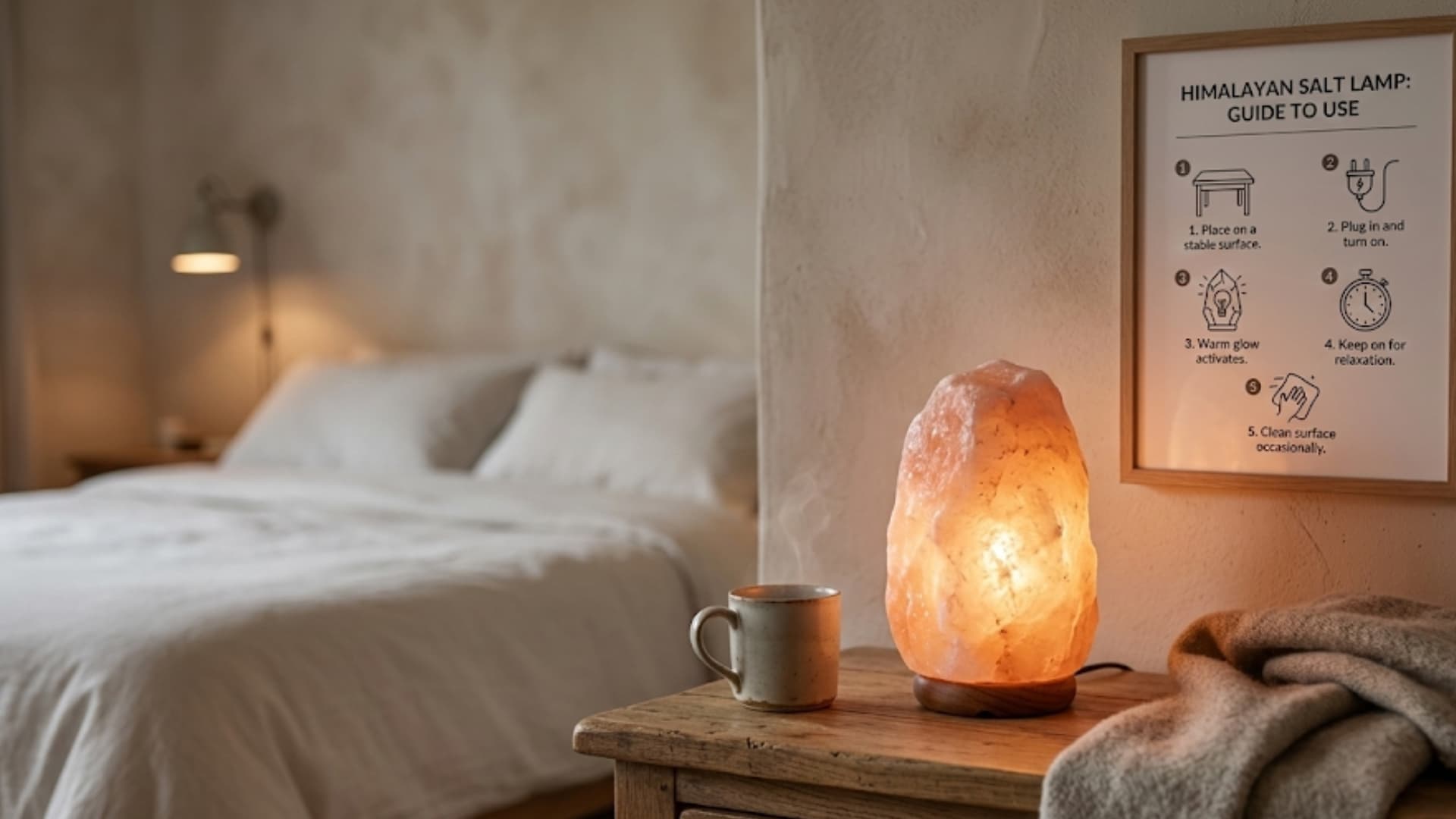 glowing Himalayan salt lamp on bedside table with instruction poster