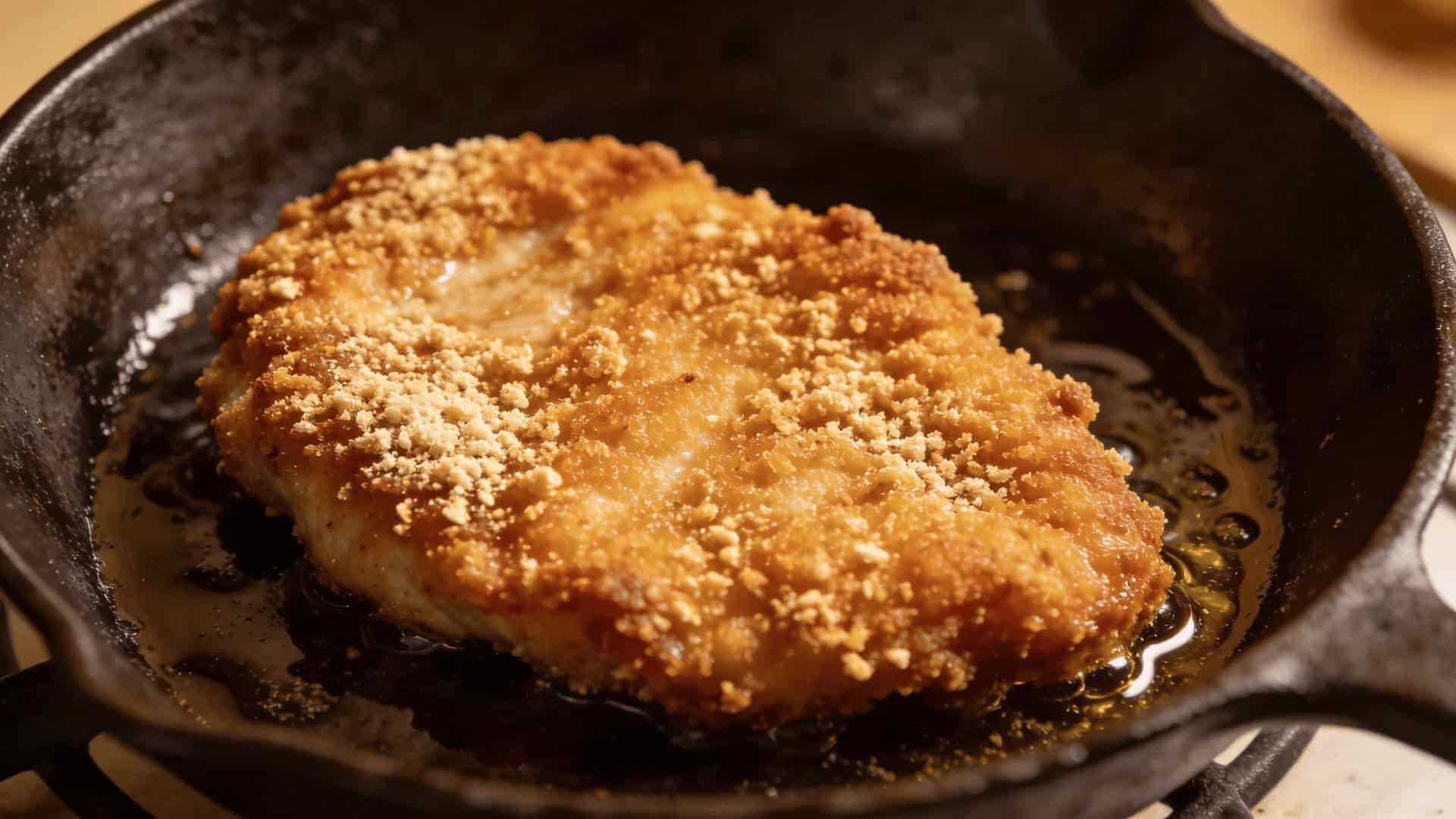 golden breaded pork chop frying in cast iron skillet with crispy coating and oil, overhead cooking scene food photography
