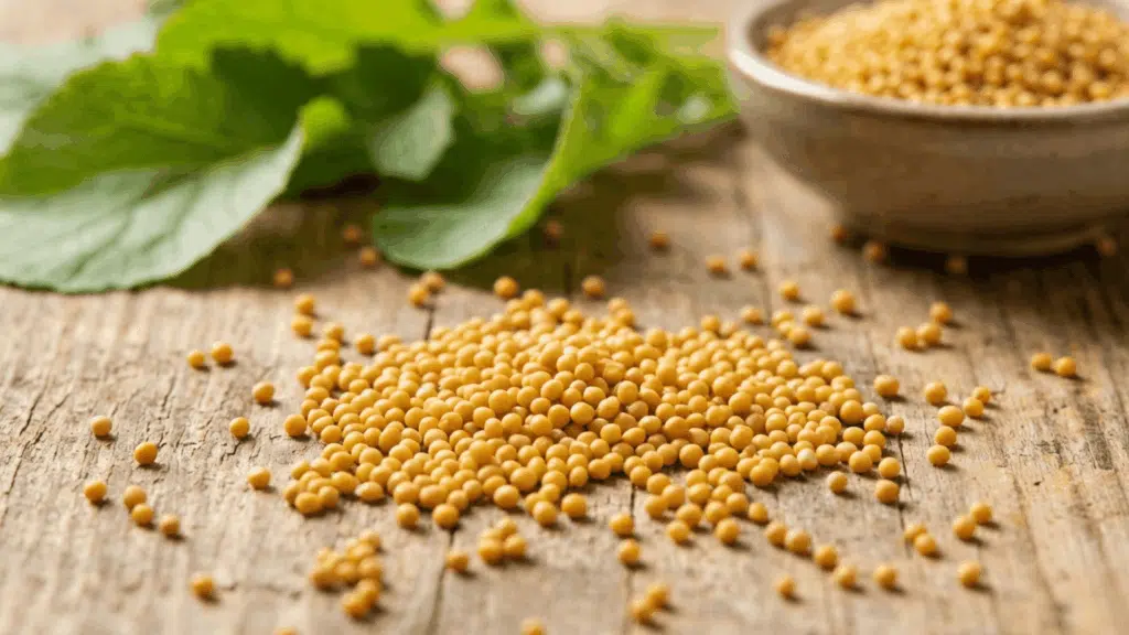 golden mustard seeds on a rustic wooden table