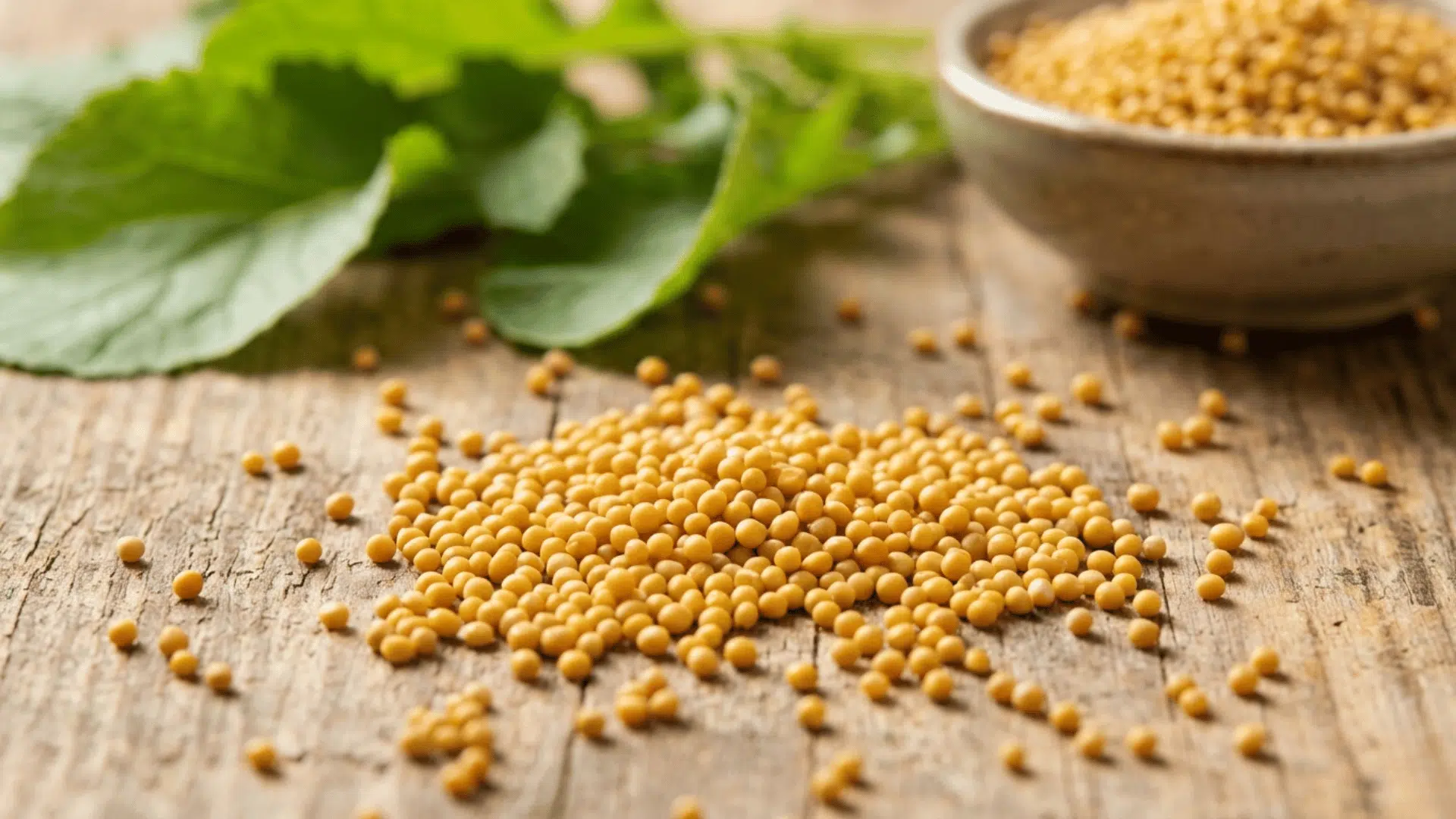 golden mustard seeds on a rustic wooden table