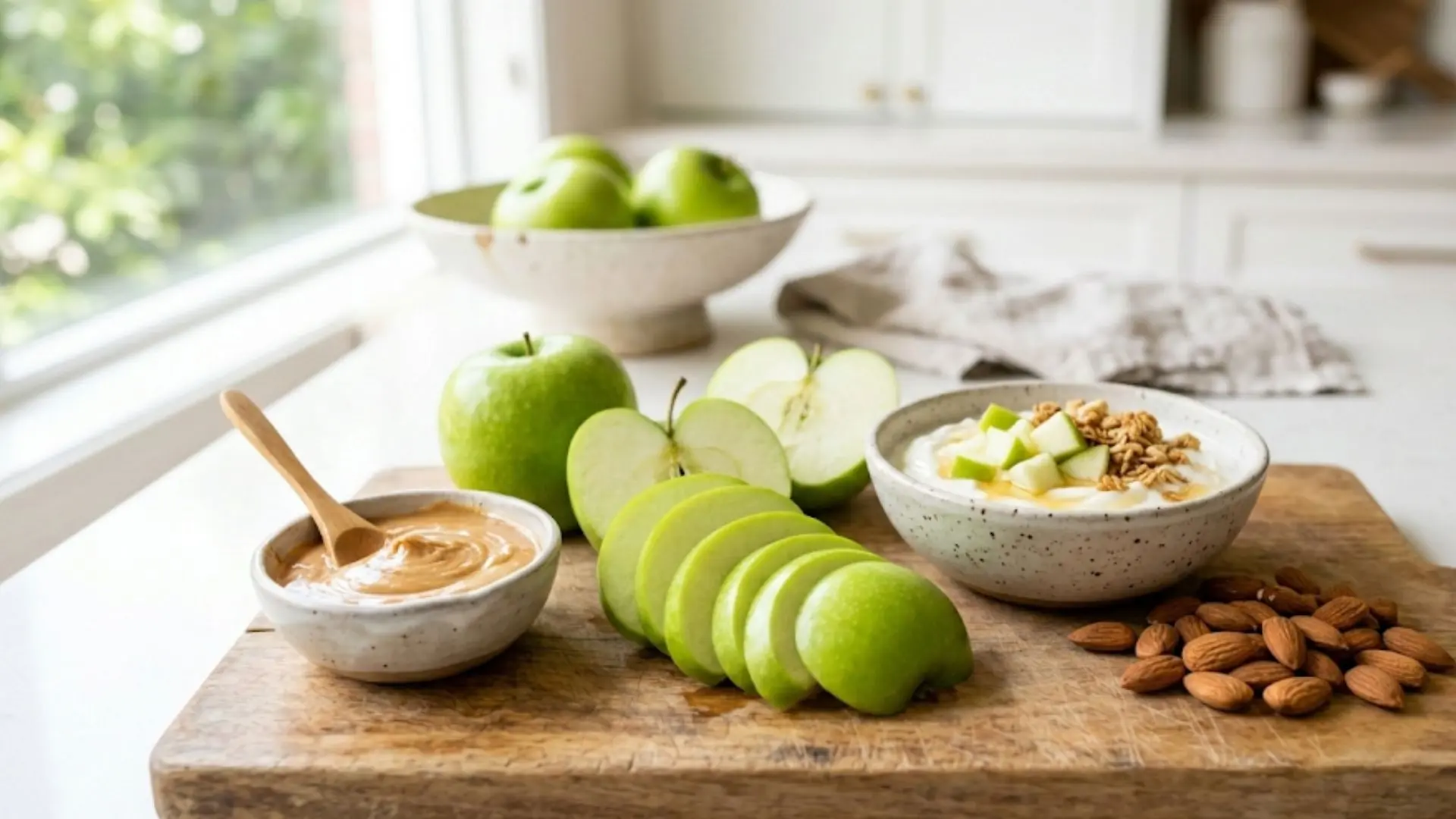 granny smith apple, peanut butter, greek yogurt, and almonds on a wooden board in a bright, sunlit, modern kitchen