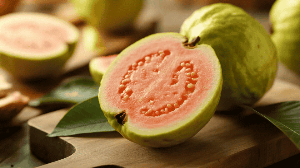 guava cut in half on wooden board showing pink flesh and seeds rich in potassium for healthy fruit diet