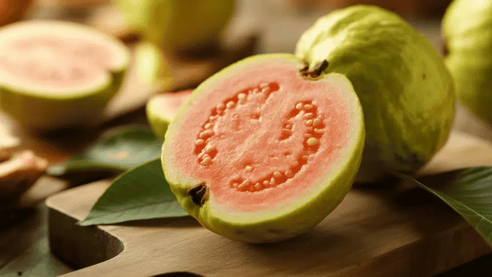 guava cut in half on wooden board showing pink flesh and seeds rich in potassium for healthy fruit diet