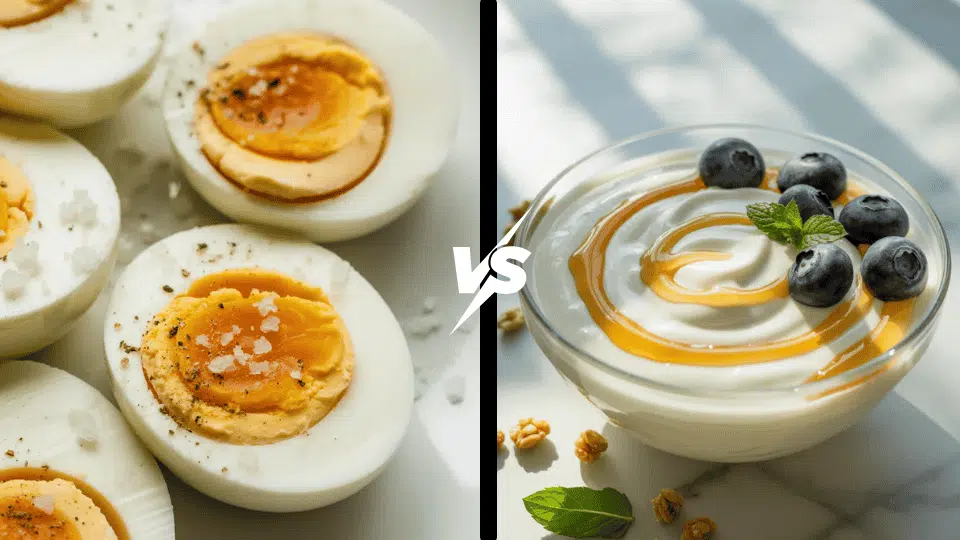 half boiled egg and bowl of yogurt side by side for a healthy breakfast comparison