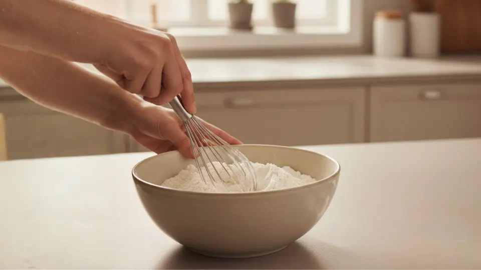 hands using a wire whisk to mix dry flour in a ceramic bowl