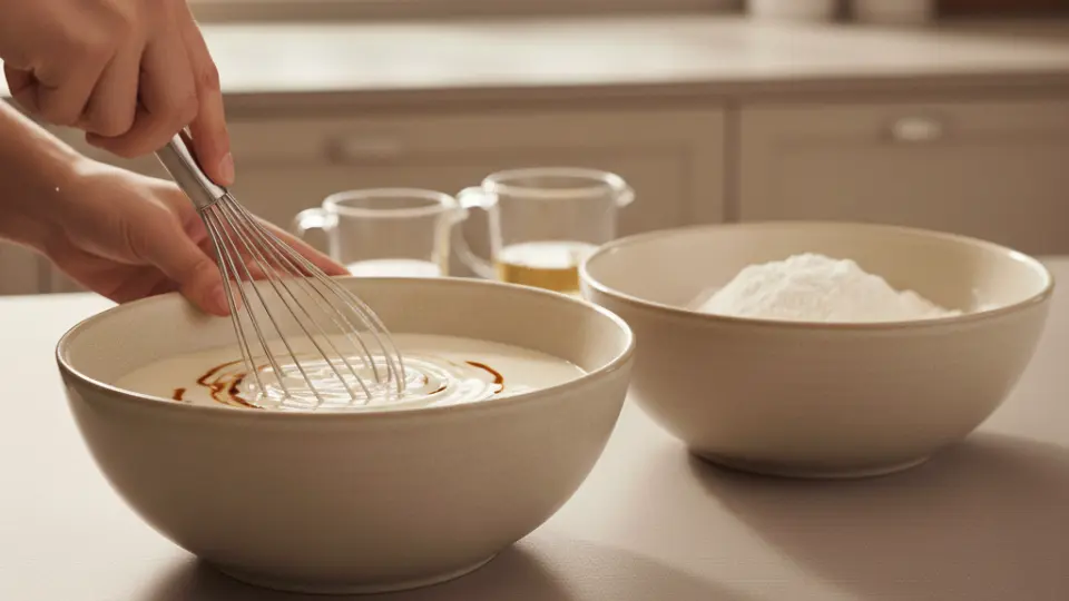 hands whisking vanilla into batter in a beige bowl, next to a bowl of flour and small jars on a kitchen counter