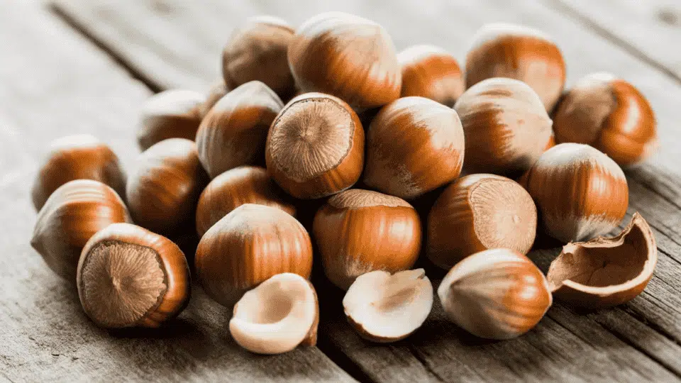 hazelnuts in shells and kernels on wooden surface potassium rich nuts healthy snack ingredient for balanced diet and nutrition