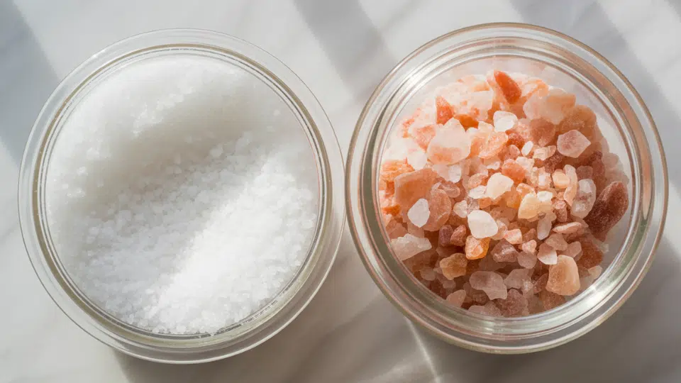 high-angle view of two glass jars with white salt and pink himalayan salt on white surface