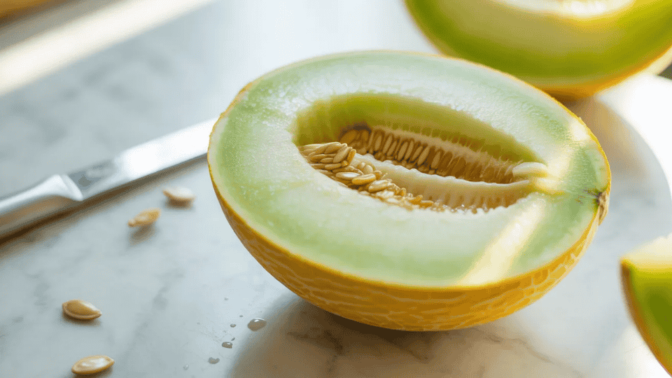 honeydew melon cut in half showing pale green flesh and seeds naturally high in potassium for healthy fruit diet