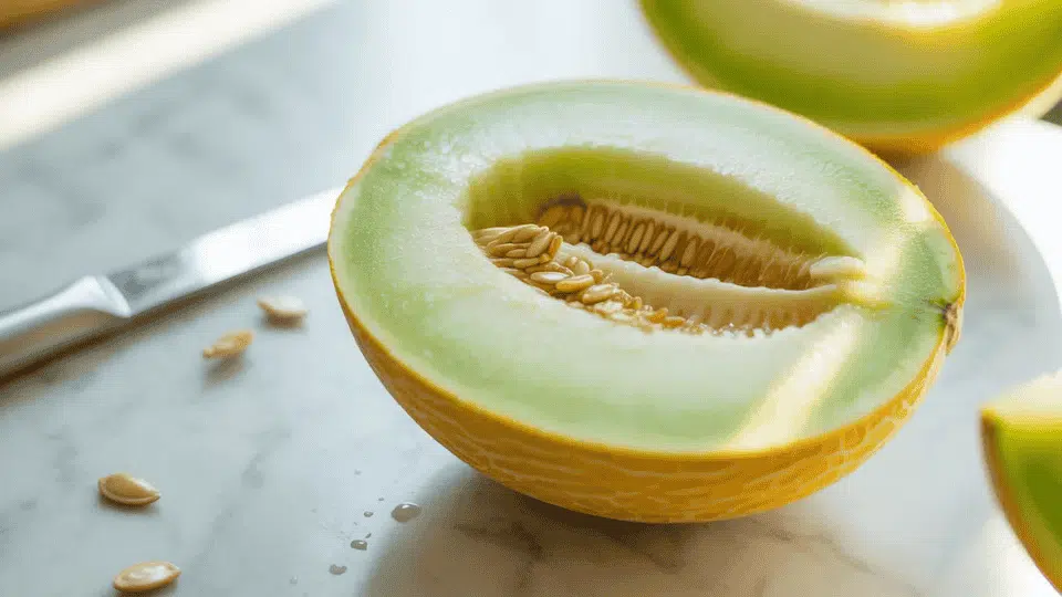 honeydew melon cut in half showing pale green flesh and seeds naturally high in potassium for healthy fruit diet