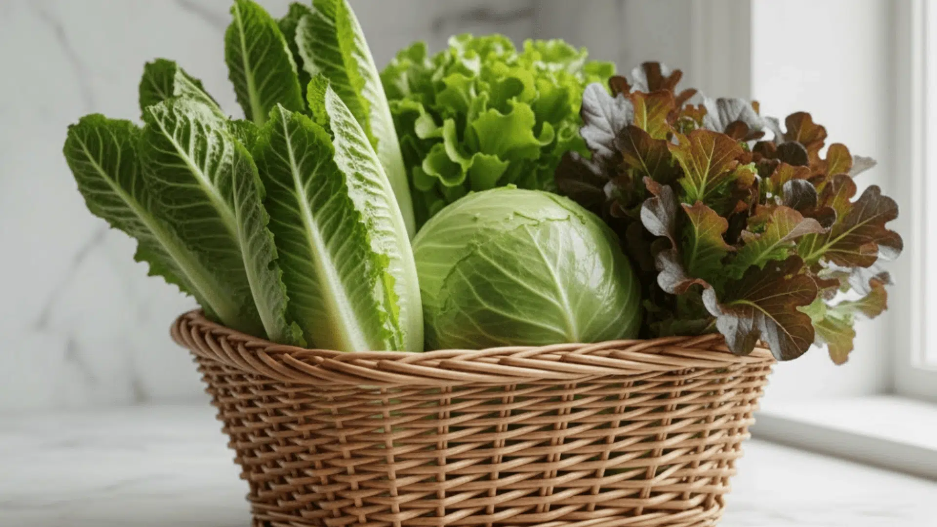 iceberg lettuce, romaine lettuce and red leaf lettuce in a rattan basket on a marble countertop in a kitchen