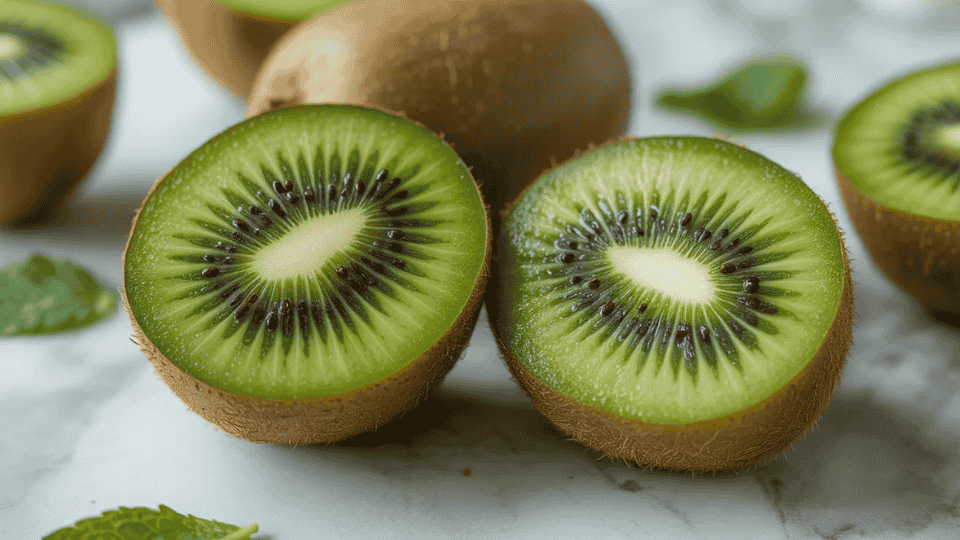 kiwi cut in half showing bright green flesh and seeds naturally high in potassium for healthy fruit snack and diet