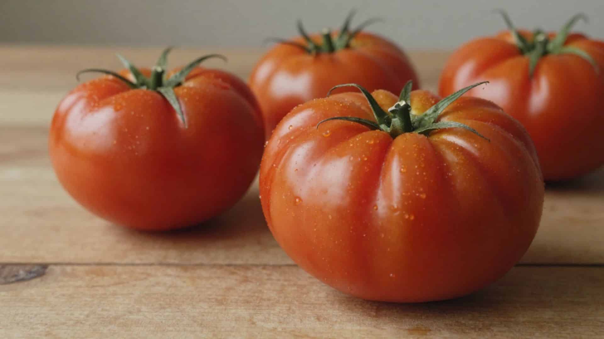 large, ripe, ribbed heirloom tomatoes with water droplets sitting on a rustic wooden table in soft, natural light