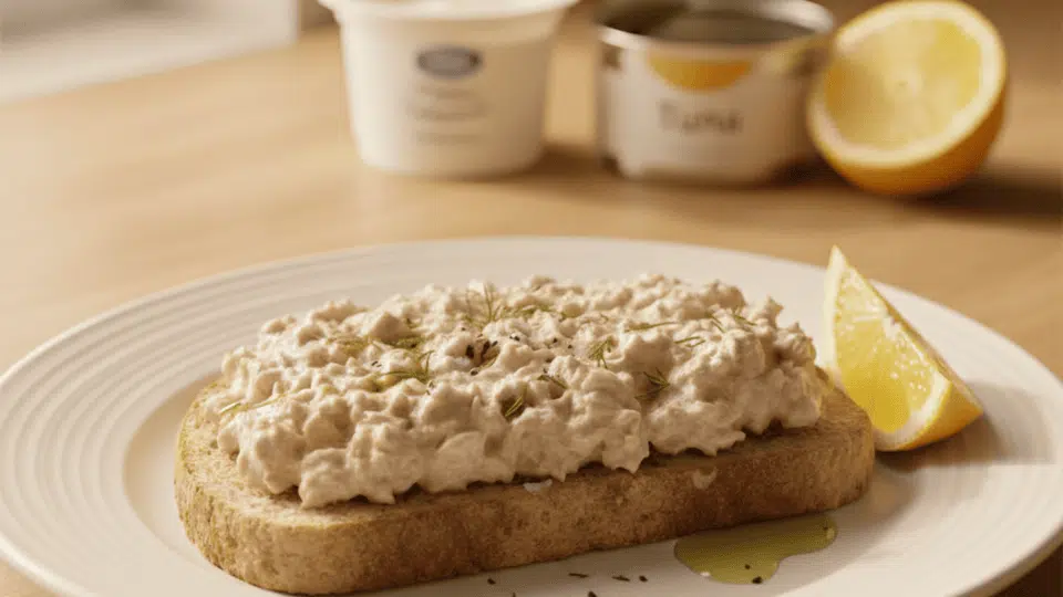 lemon tuna yogurt toast on whole grain bread with creamy tuna spread and lemon wedge on a white plate