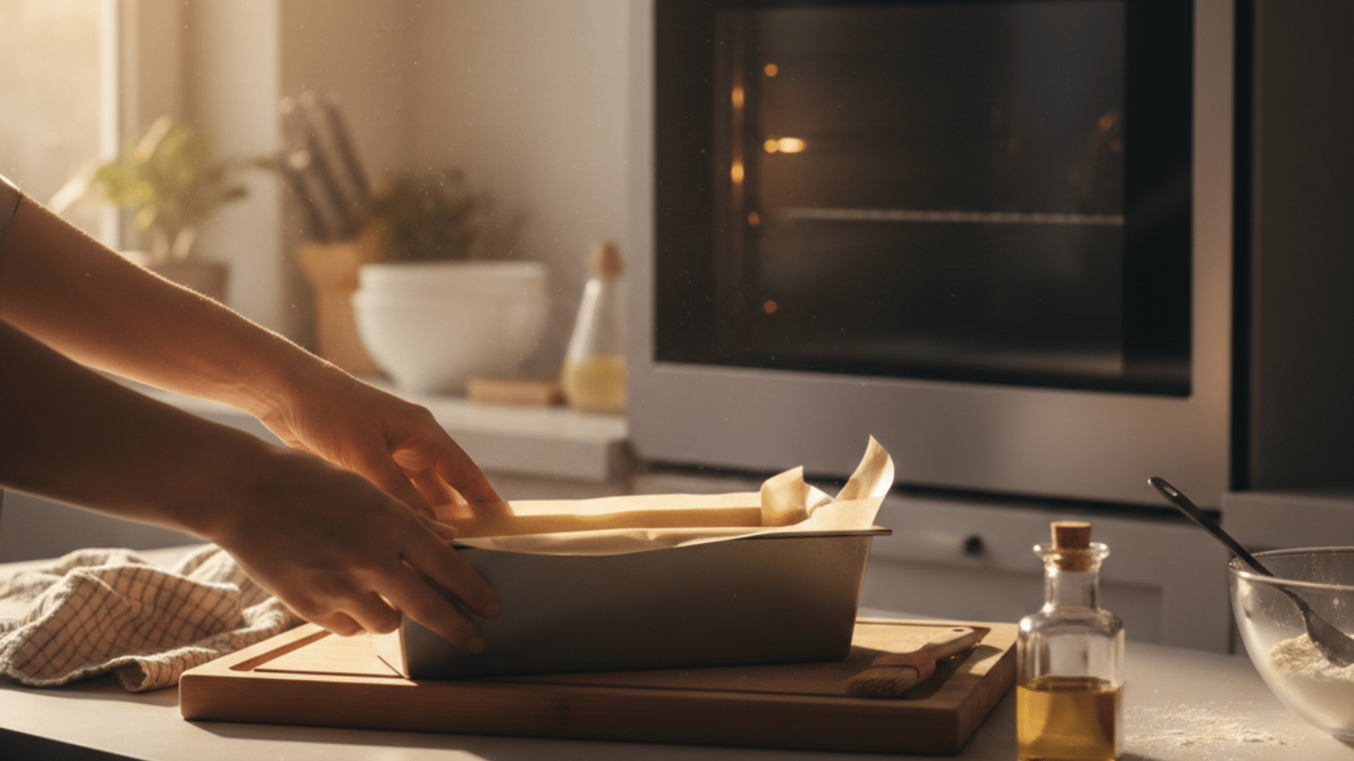 lining a loaf pan with parchment paper on a kitchen counter, with a preheated oven glowing in the background