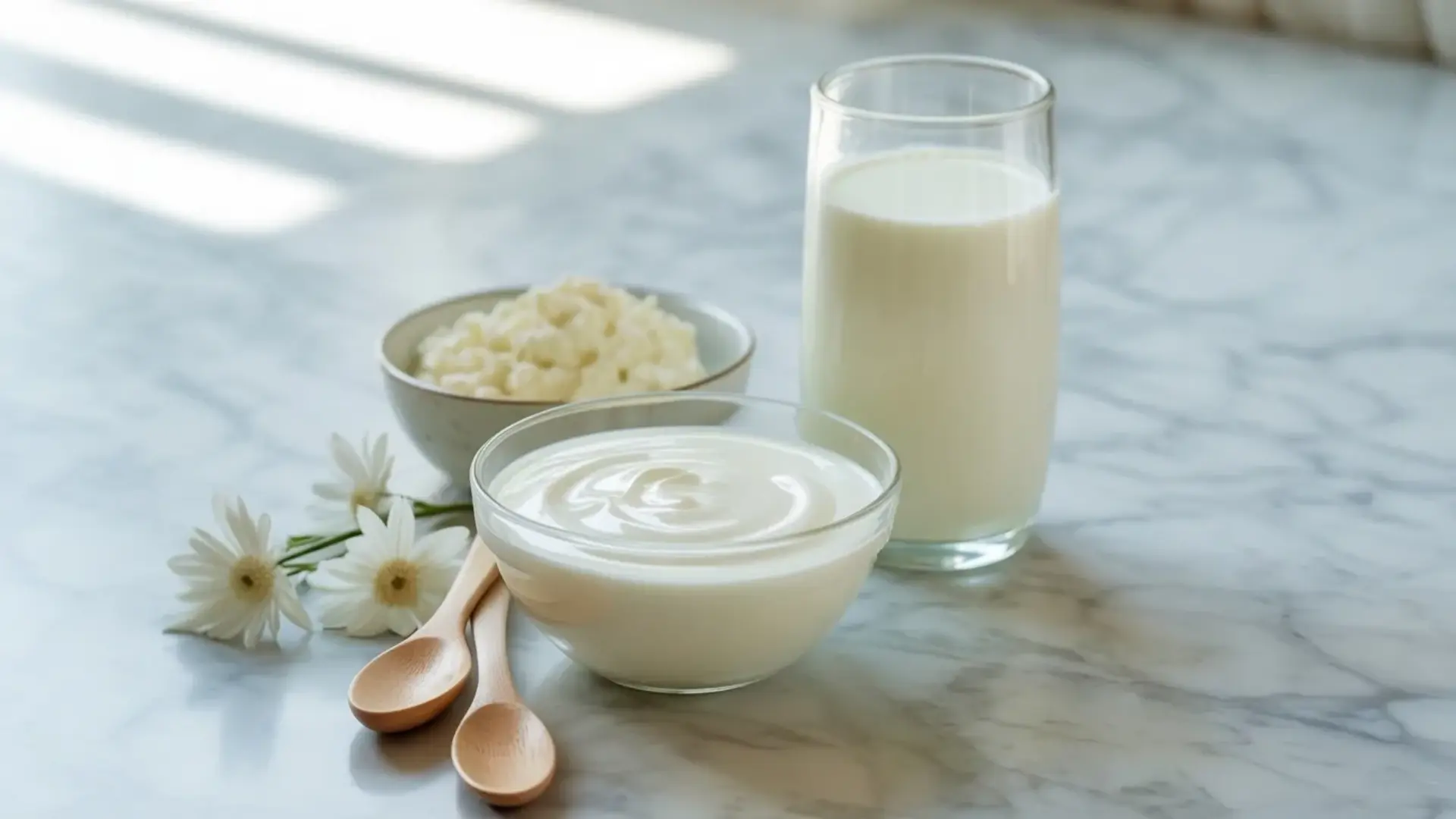 low-fat dairy products like fat-free yogurt skim milk low-fat cottage cheese in bowls and a glass on white marble