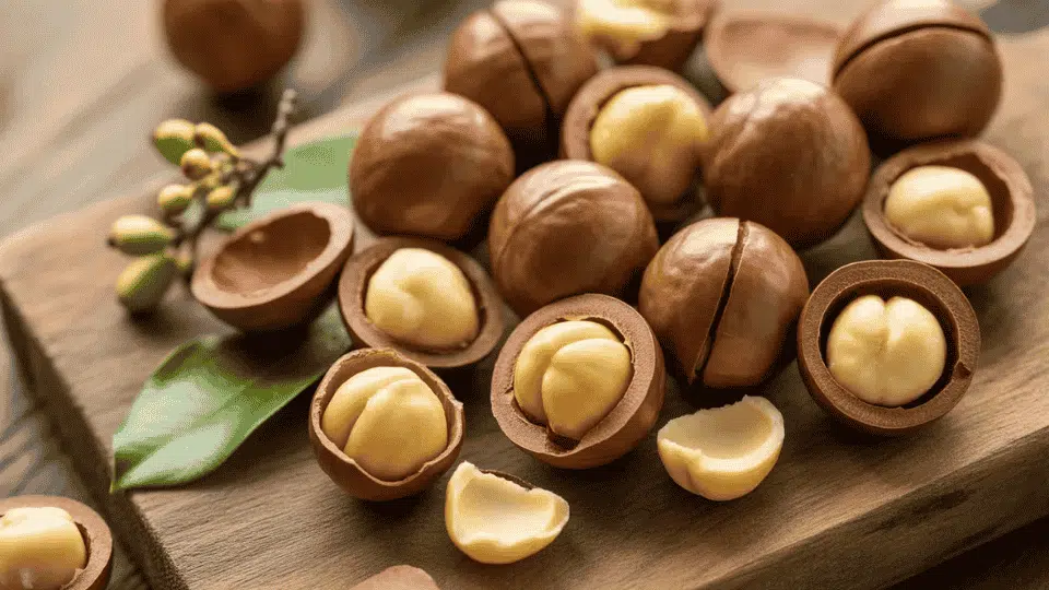 macadamia nuts in shells and kernels on wooden board potassium rich nuts healthy snack ingredient for balanced diet and nutrition