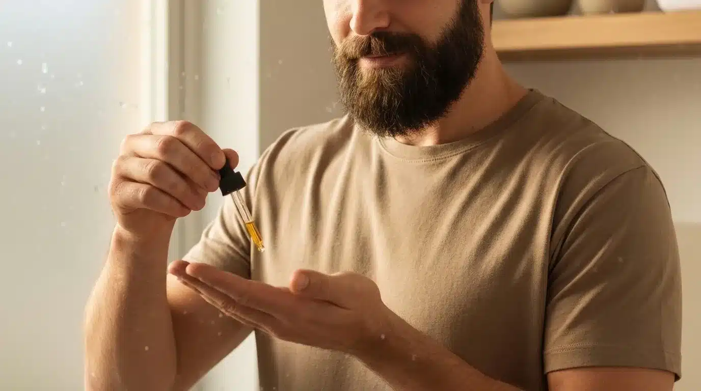 man applying beard oil using a dropper onto palm, preparing to moisturize his facial hair during beard grooming routine