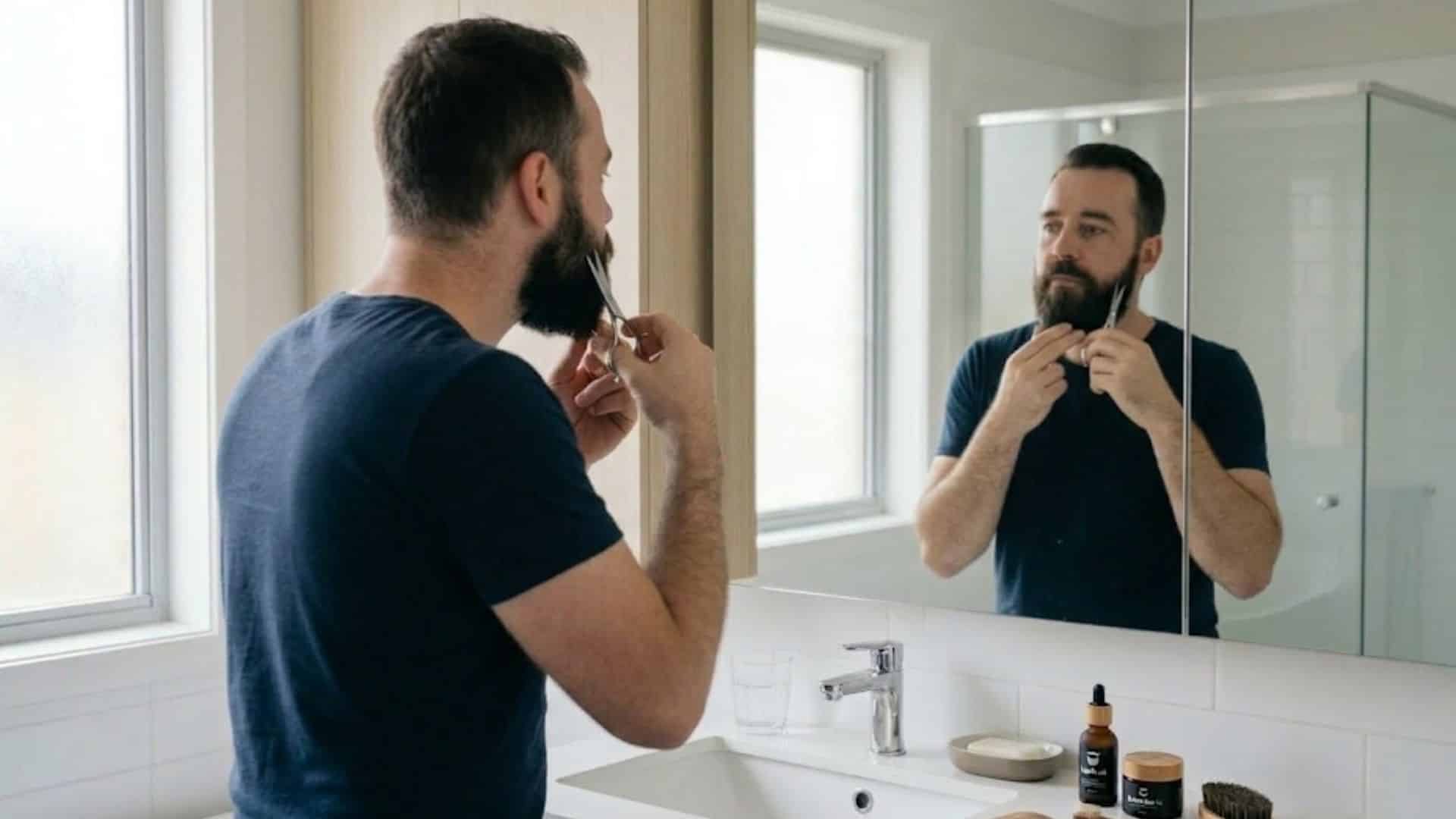 man carefully trims his beard with small scissors while looking into a modern bathroom mirror during his morning routine