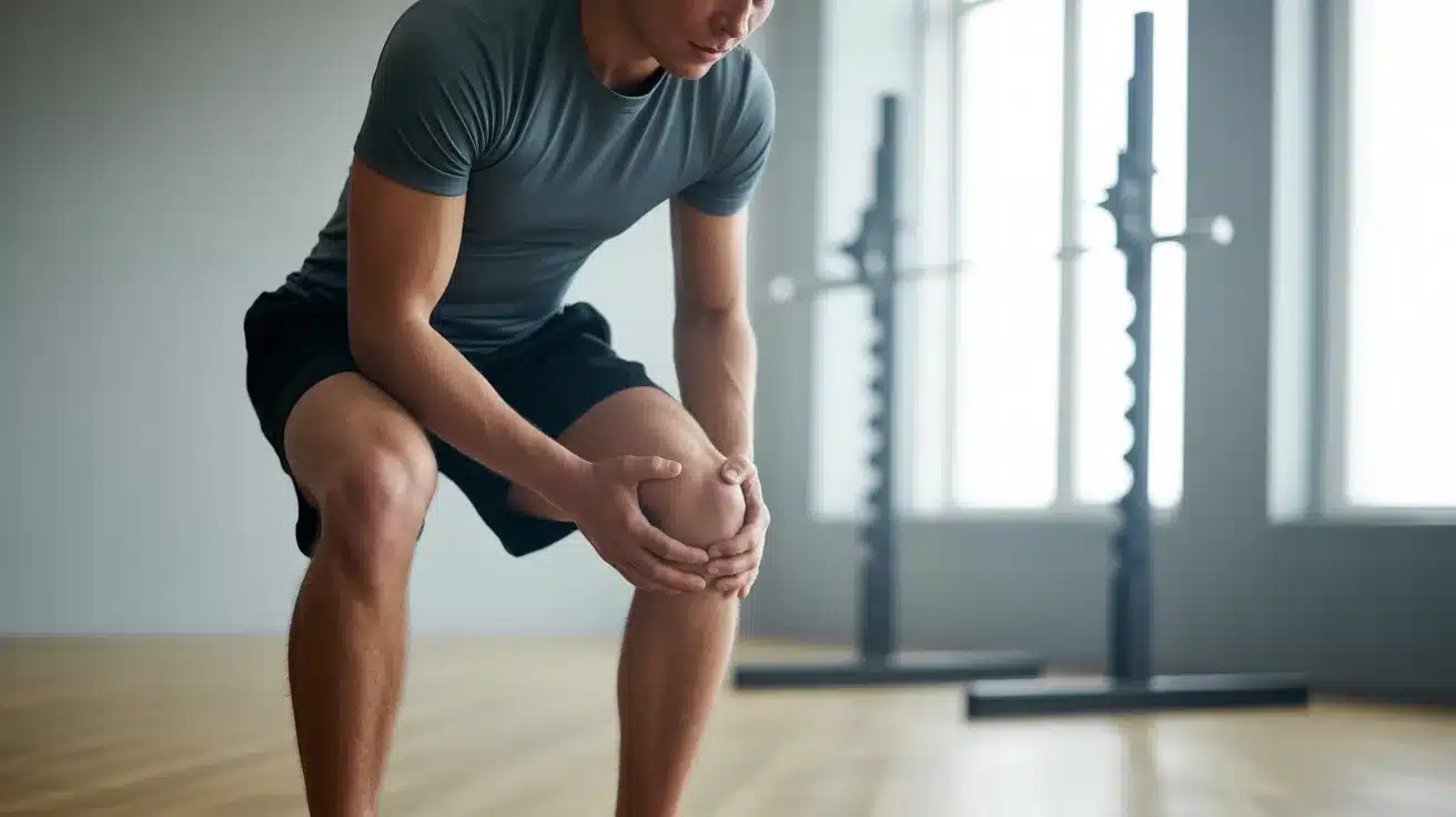 man holding knee in discomfort during squat position in gym, suggesting knee pain or strain after exercise