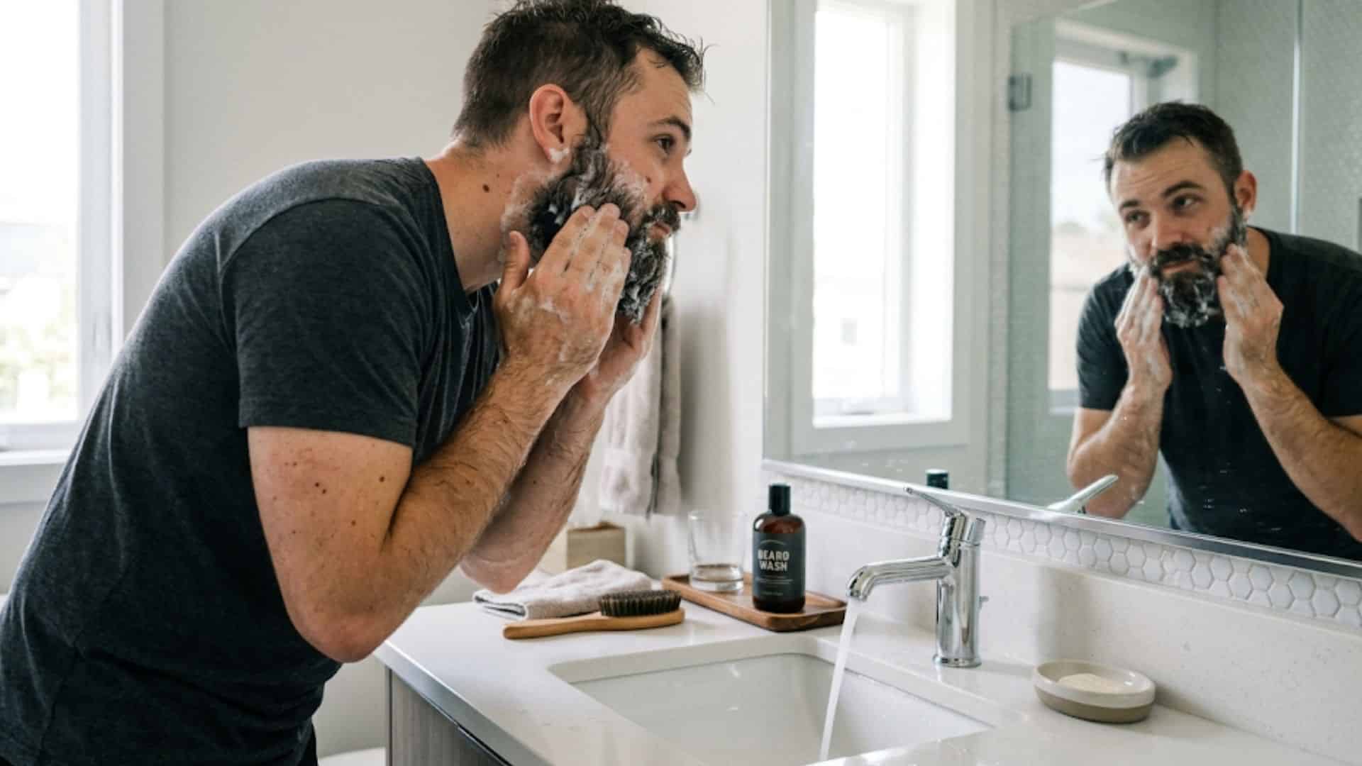man in a modern bathroom massages white foam into his dark beard, reflected in the mirror over a sink