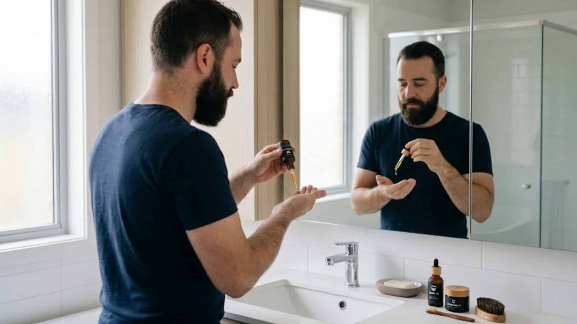 man in a modern bathroom uses a dropper to apply beard oil into his palm, reflected in the mirror