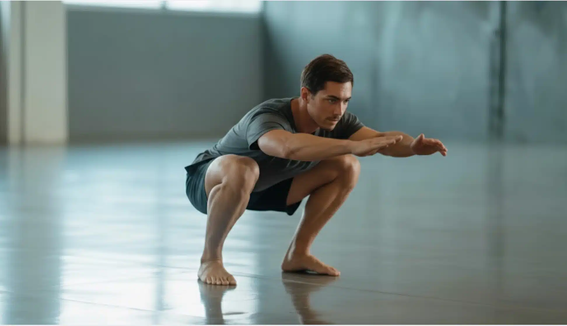 man performing deep squat indoors, arms extended forward, focusing on balance, ankle mobility, and hip flexibility