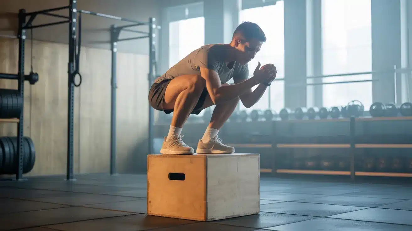 man performing deep squat on plyometric box in gym, maintaining balance and hip mobility during exercise