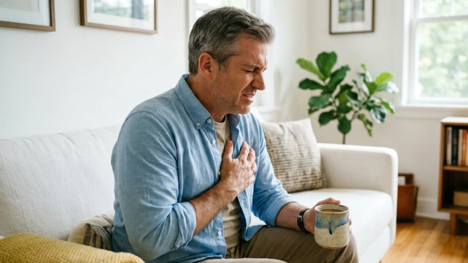 man sitting on a white sofa wincing in pain and clutching his chest while holding a mug of coffee, heartburn symptoms