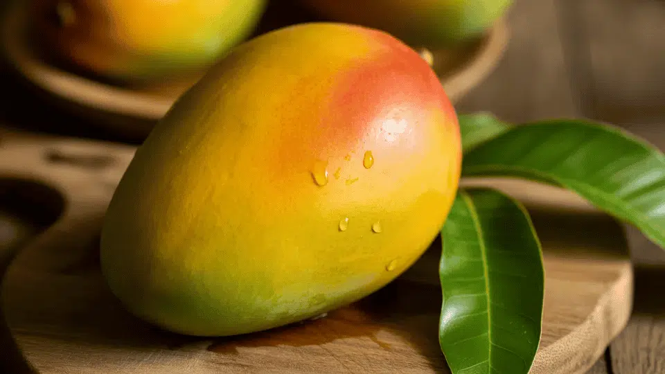 mango whole fruit on wooden board with green leaves naturally high in potassium for healthy fruit diet and nutrition
