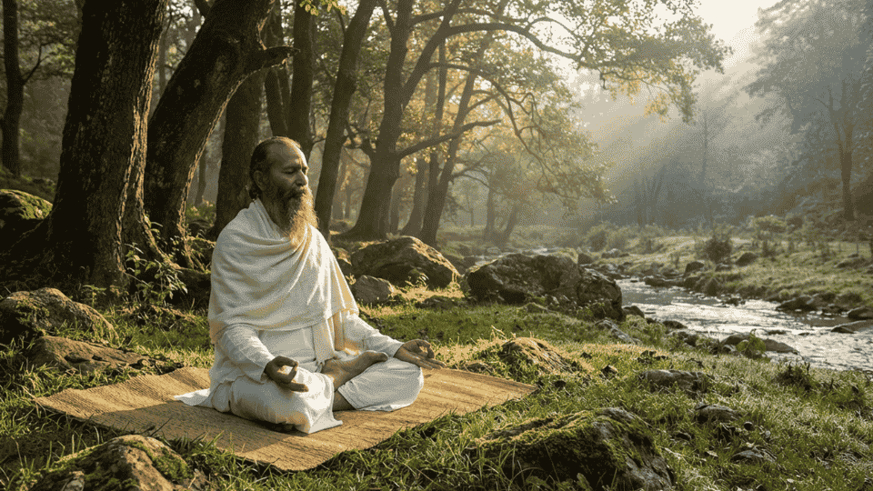 meditating yogi sitting cross-legged on a mat in a peaceful forest near a stream, practicing calm breath and deep meditation