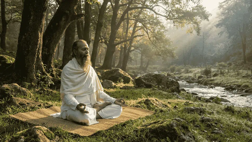 meditating yogi sitting cross-legged on a mat in a peaceful forest near a stream, practicing calm breath and deep meditation