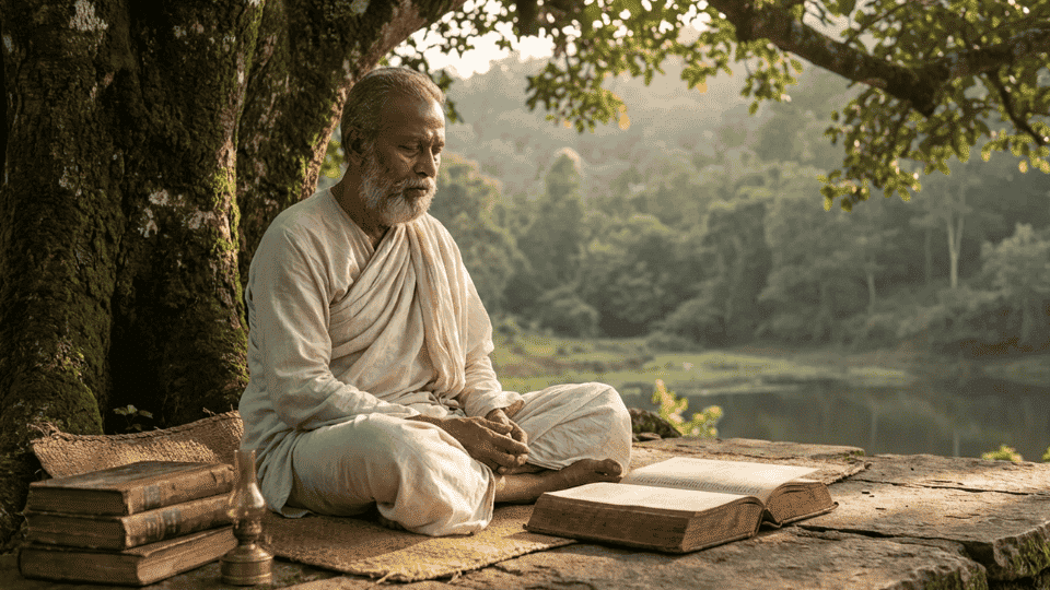 meditating yogi studying sacred texts under a tree near a river, reflecting the path of knowledge and spiritual self-inquiry