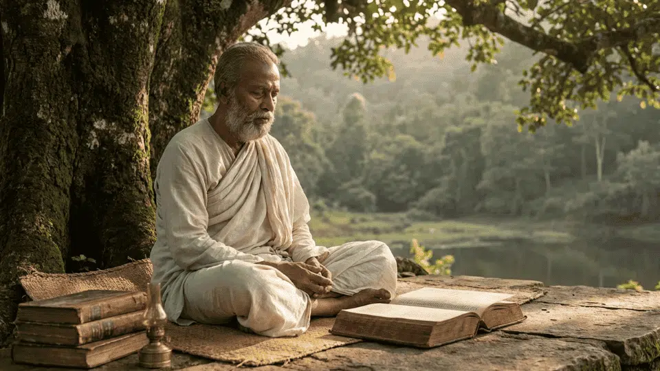meditating yogi studying sacred texts under a tree near a river, reflecting the path of knowledge and spiritual self-inquiry