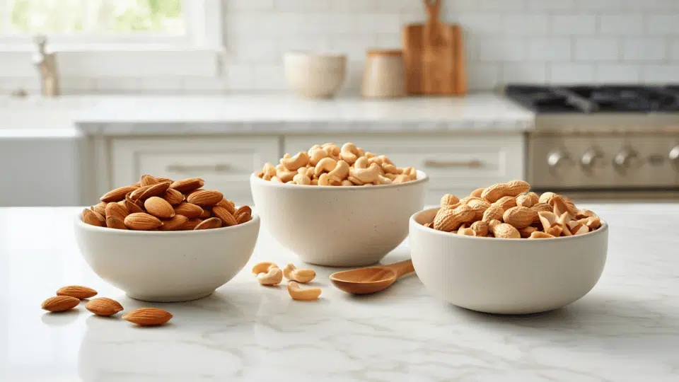 mixed nuts in small bowls on wooden table almonds cashews peanuts healthy snack selection protein rich